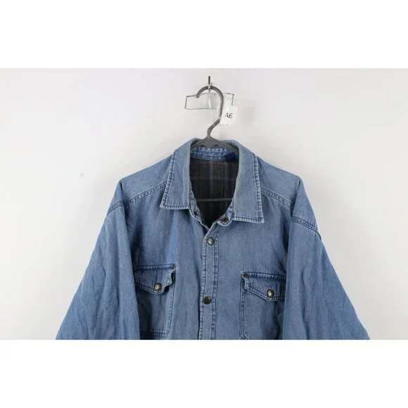 Vtg 90s Streetwear Mens XL Faded Flannel Lined Denim Jean Button Shirt Jacket - Picture 2 of 16